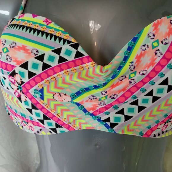 Op Swim Size 7-9 Medium Bikini Top Bandeau Striped String Halter Beach Neon - Picture 7 of 16